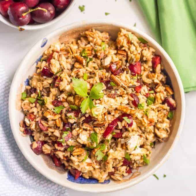 Wild rice salad with fresh cherries, pecans and goat cheese is a perfect, easy summer side dish! | www.familyfoodonthetable.com