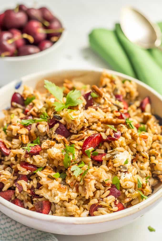 Wild rice salad with fresh cherries, pecans and goat cheese is a perfect, easy summer side dish! | www.familyfoodonthetable.com