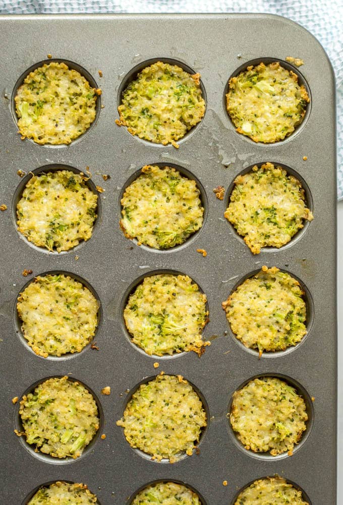 Broccoli cheese quinoa bites baked in muffin tin.