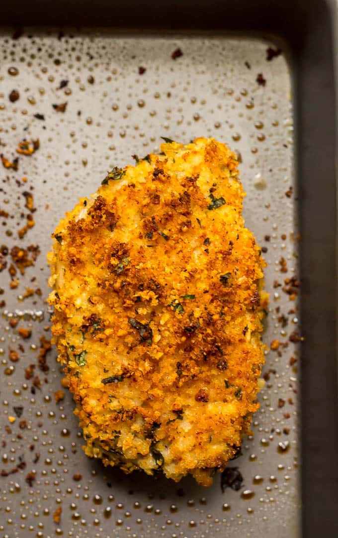 Crunchy baked pork chops close up after baking