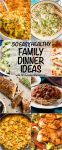 A collage of 8 different photos of easy healthy family dinners.