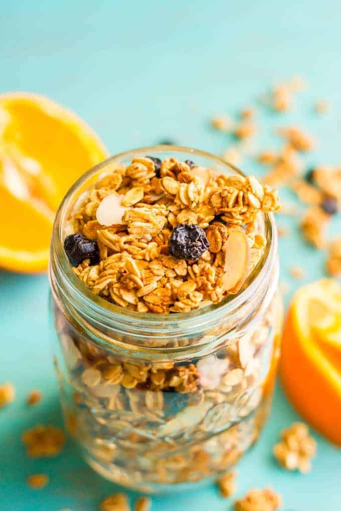 Healthy citrus granola in mason jar