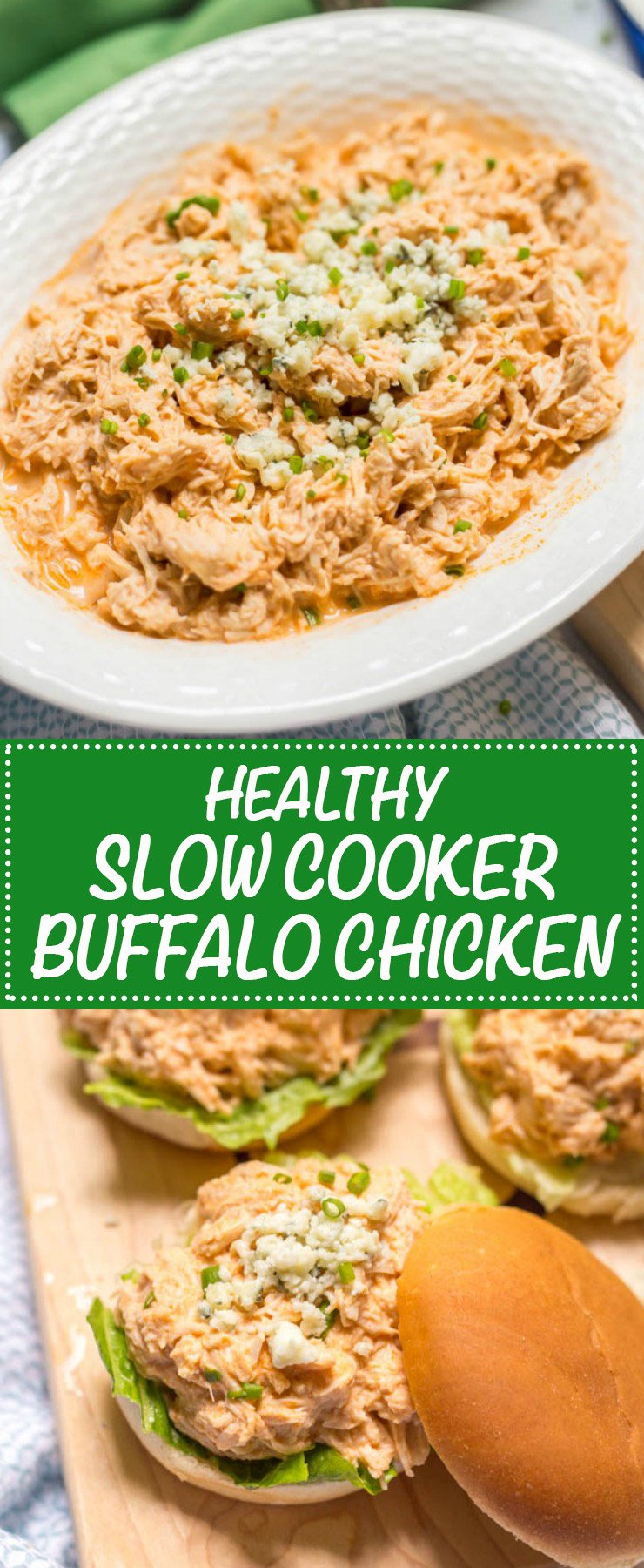 Saludable pollo a la búfala en cocción lenta, aligerado (¡sin mantequilla!), que se prepara en pocos minutos y se puede utilizar para sándwiches, sliders, wraps, ensaladas o nachos!