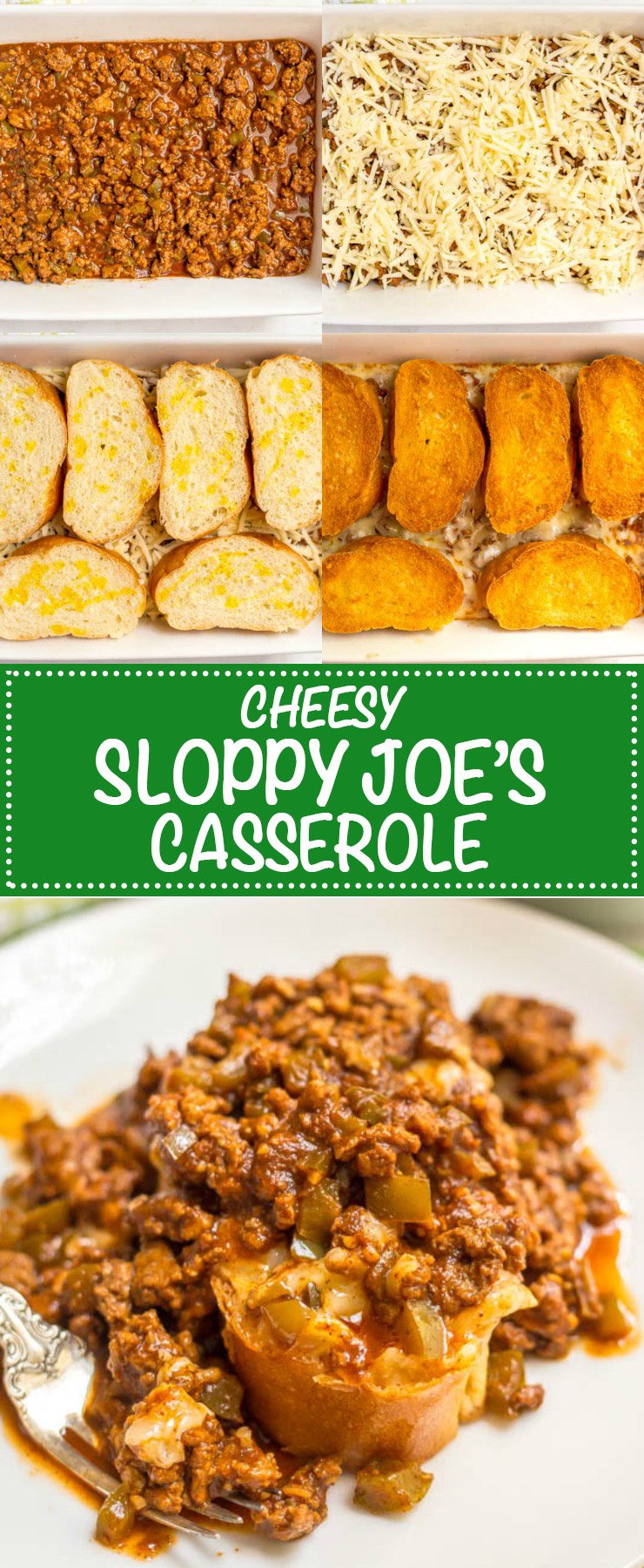 A collage of process photos for making cheesy sloppy Joe's casserole with a text overlay on the collage