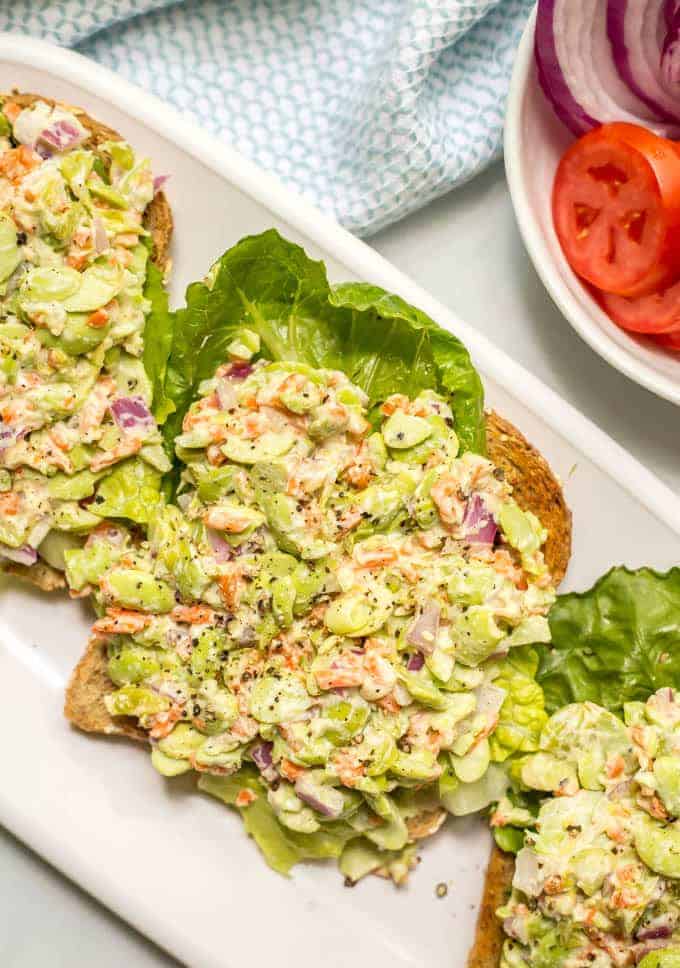 Smashed edamame salad on toast with lettuce