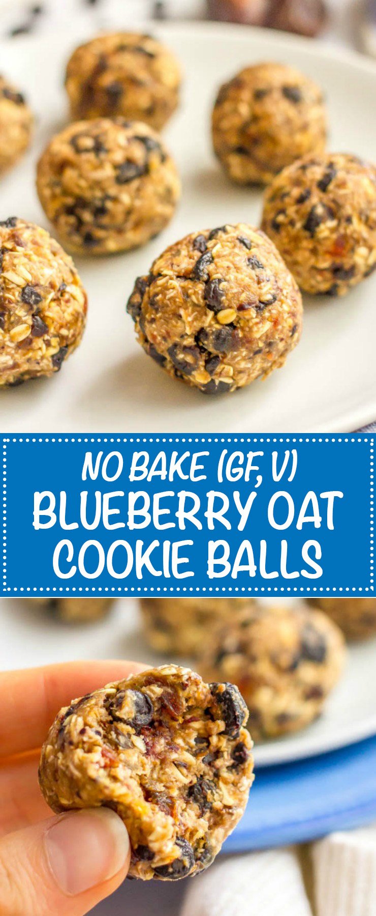 No bake blueberry oatmeal cookie balls are an easy, 5-ingredient healthy snack that are super addictive - and also gluten-free and vegan! | www.familyfoodonthetable.com