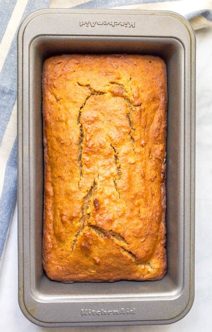 Whole wheat peanut butter banana bread baked, in loaf pan