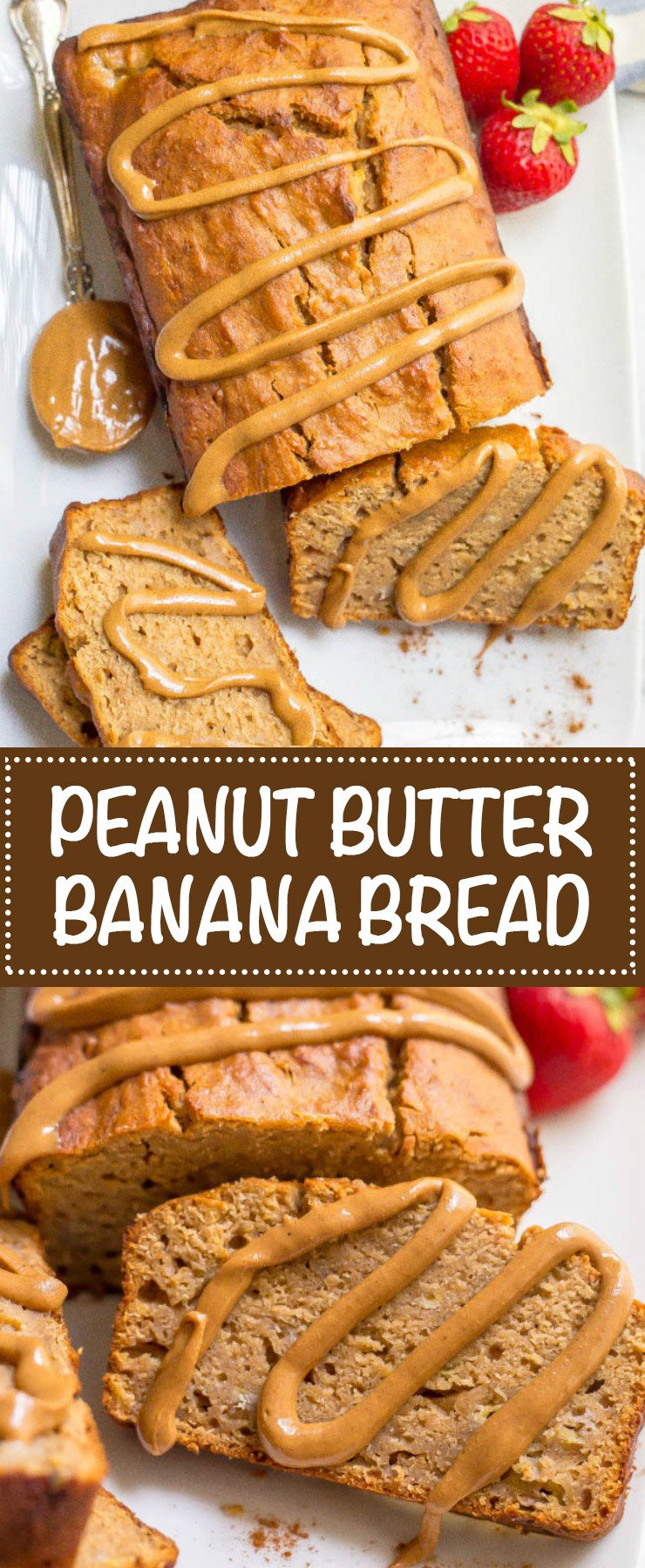 A collage of peanut butter banana bread served on a white platter with a few slices cut and a drizzle of peanut butter over the whole thing.