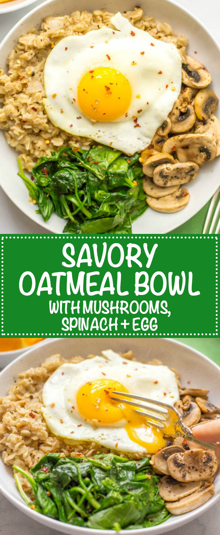 Savory oatmeal bowl with sauteed mushrooms, spinach and a fried egg on top in a bowl photo collage