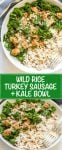 A collage of low white bowls of wild rice with turkey sausage and kale and forks to the side.