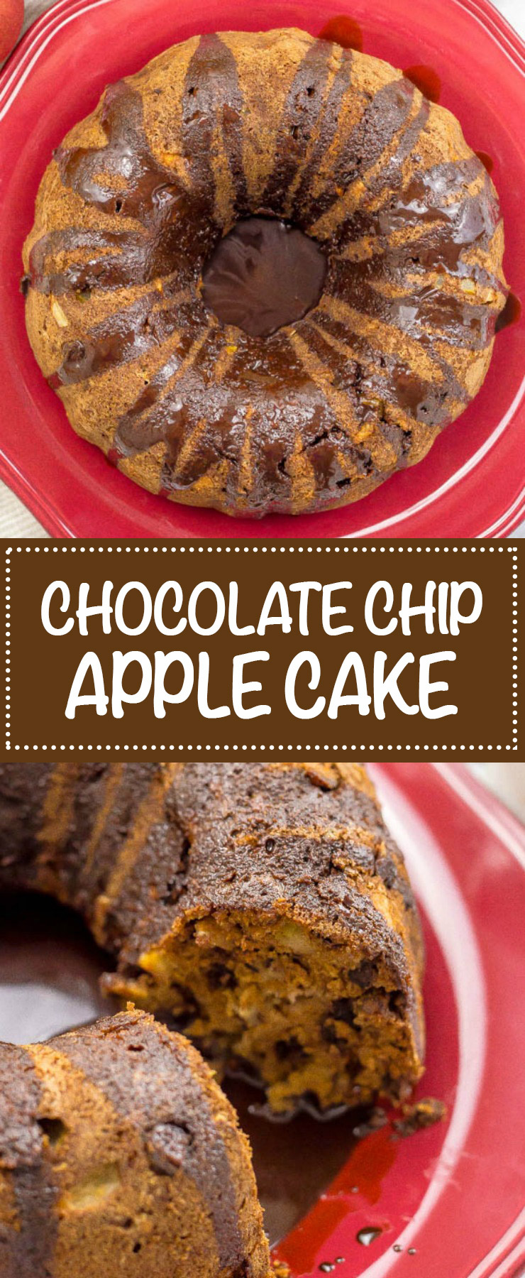 Chocolate chip apple cake is loaded with sweet apple chunks, chocolate chips and walnuts for a delicious fall dessert! #applecake #chocolatecake #cake #dessert #falldesserts
