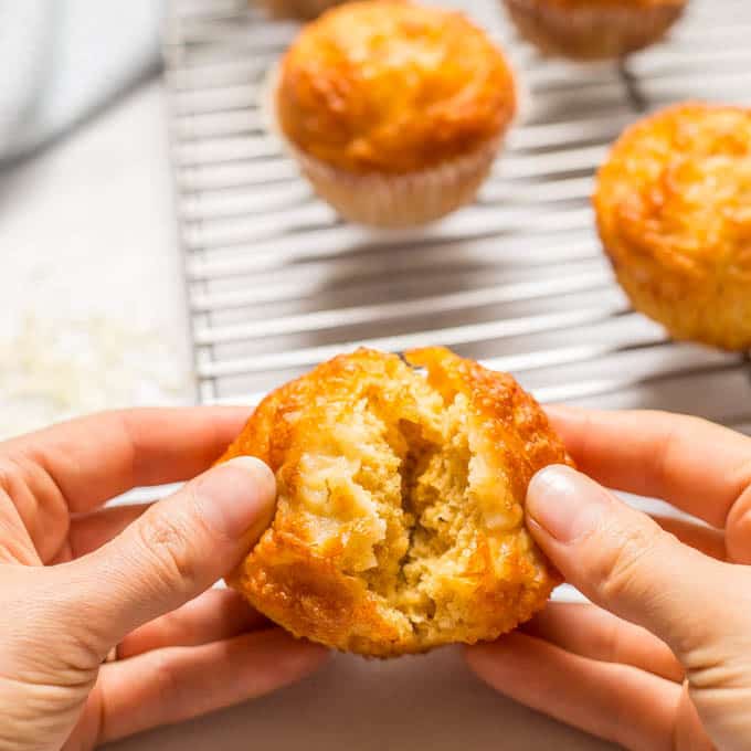 Easy cheesy cornbread muffin being opened