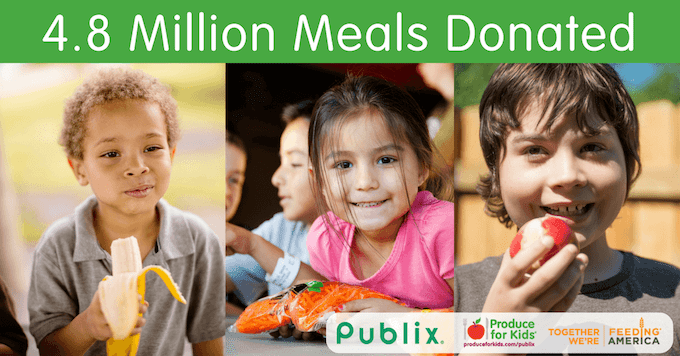 Publix Feeding America Meals Donated campaign graphic with kids eating fruits and vegetables