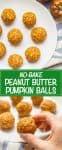 A collage of pumpkin energy balls arranged on a white round plate with faux pumpkins to the side.