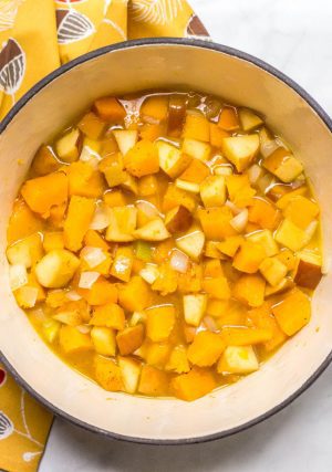 Cooked squash and apple chunks in large soup pot