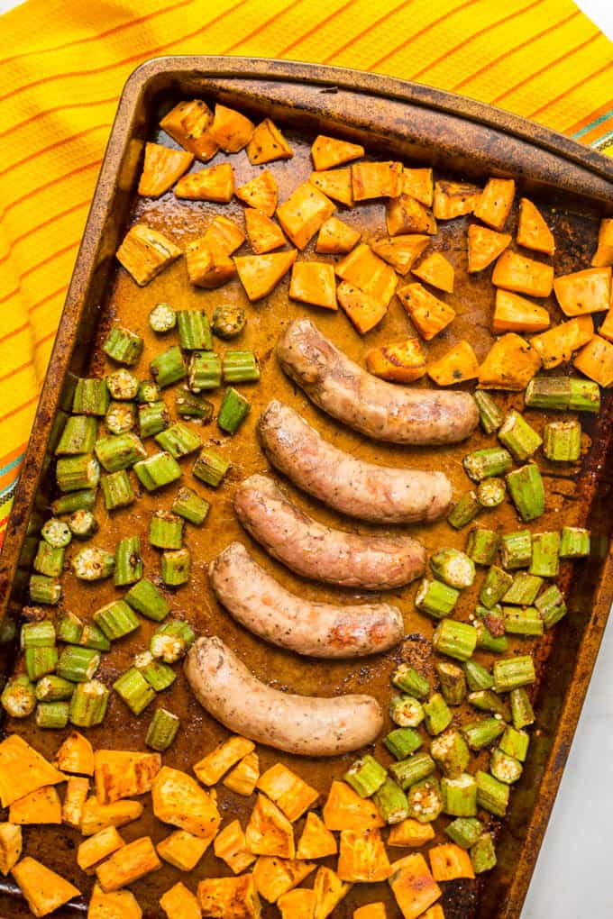 Sheet pan turkey sausages with sweet potatoes and okra is an easy, hands-off dinner that’s perfect for a busy weeknight! | www.familyfoodonthetable.com