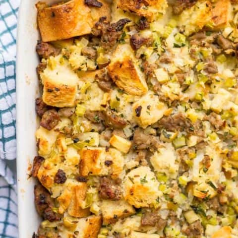 Turkey sausage and apple dressing is an easy, hearty and delicious side dish made with fresh ingredients — perfect for the holidays! #Thanksgiving | www.familyfoodonthetable.com
