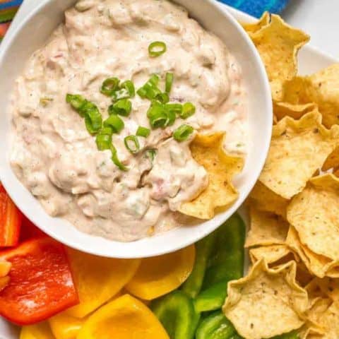 This cold chili cheese dip takes minutes to mix together and is delicious served with chips and veggies for an easy party or tailgating snack! It’s also gluten-free and vegetarian. | www.familyfoodonthetable.com