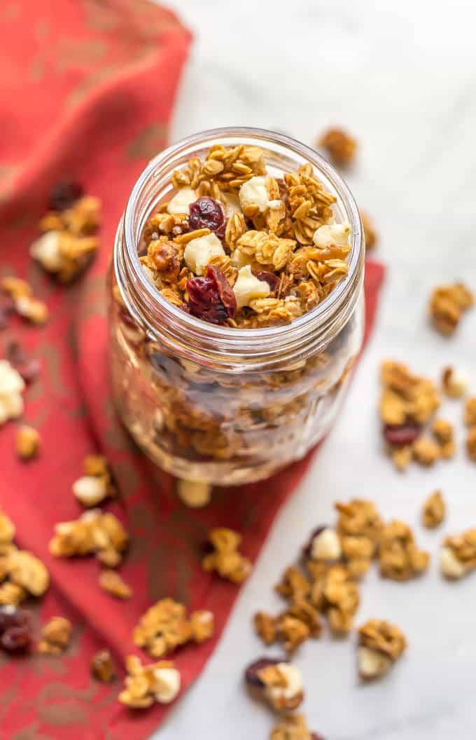 Cranberry white chocolate granola is an easy, delicious, and festive baked granola that’s perfect for healthy holiday breakfasts and snacking! | www.familyfoodonthetable.com