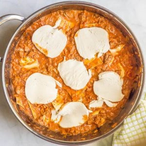 Easy healthy one pot lasagna in pan before baking with slices of fresh mozzarella cheese on top