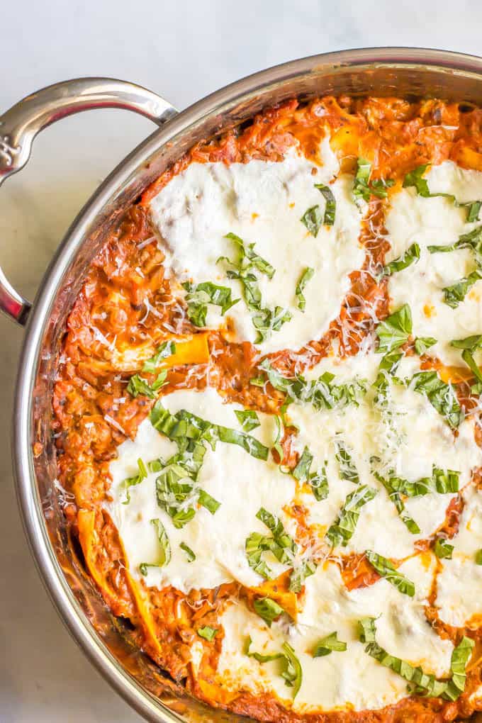 Easy healthy one pot lasagna close-up in pan