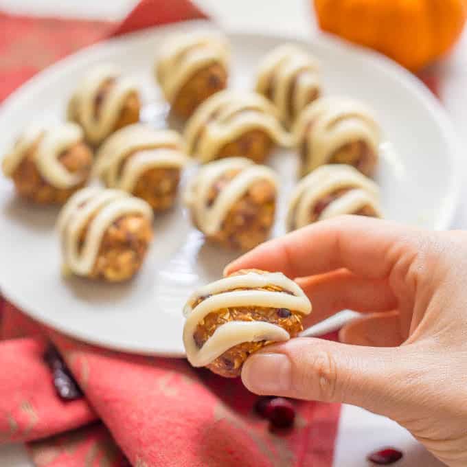 A single pumpkin cranberry energy balls with white chocolate drizzle being held in a hand with a plate of energy balls in the background
