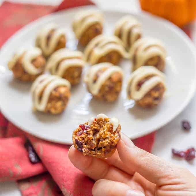 A single pumpkin cranberry energy balls with white chocolate drizzle with a bite taken out being held in a hand with a plate of energy balls in the background