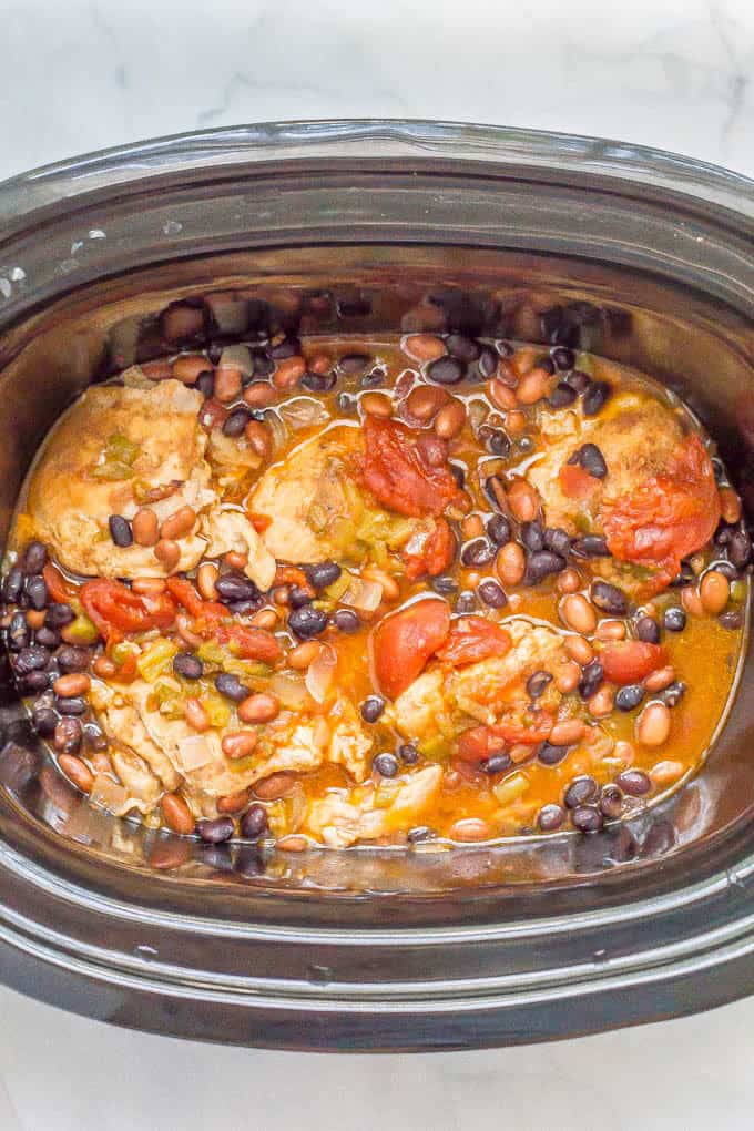 Slow cooker Mexican chicken stew cooking in slow cooker