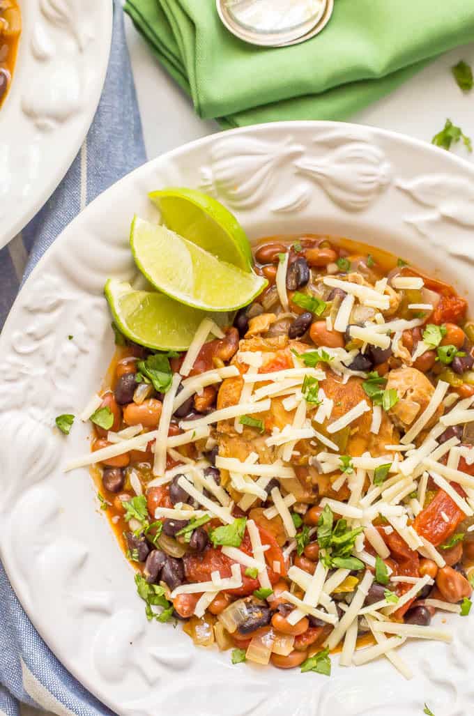 Slow cooker Mexican chicken stew is easy to prep and smells amazing as it cooks! It’s perfect for a comforting, flavorful family dinner! | www.familyfoodonthetable.com