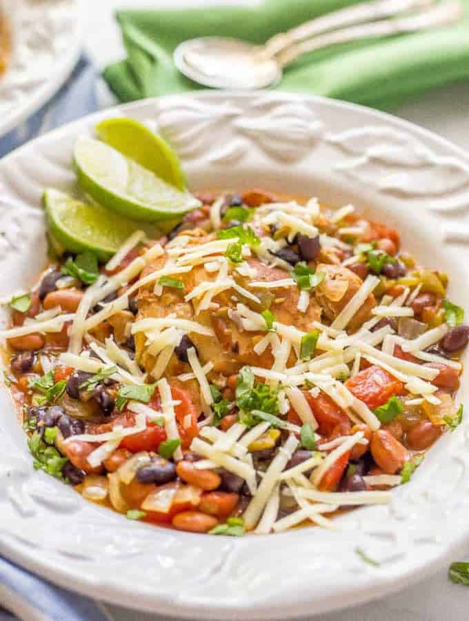 Slow cooker Mexican chicken stew is easy to prep and smells amazing as it cooks! It’s perfect for a comforting, flavorful family dinner! | www.familyfoodonthetable.com