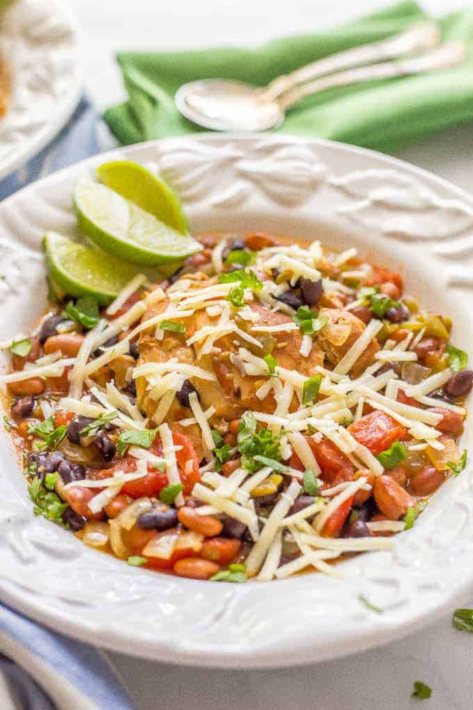 Slow cooker Mexican chicken stew is easy to prep and smells amazing as it cooks! It’s perfect for a comforting, flavorful family dinner! | www.familyfoodonthetable.com