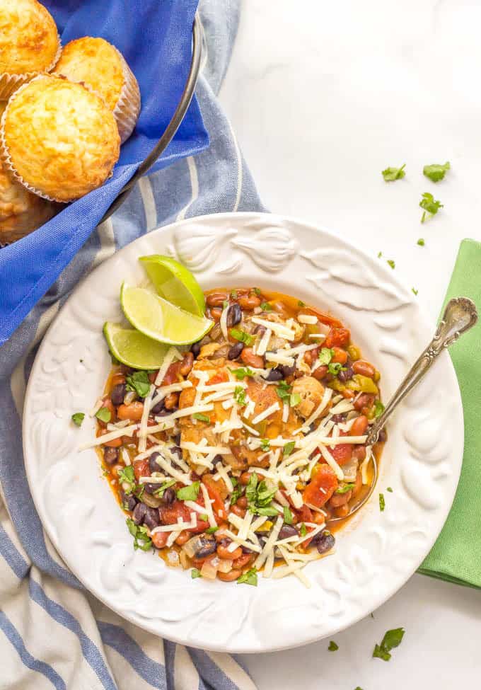 Slow cooker Mexican chicken stew is easy to prep and smells amazing as it cooks! It’s perfect for a comforting, flavorful family dinner! | www.familyfoodonthetable.com