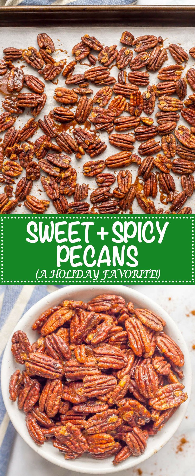 Sweet and spicy pecans with maple syrup are perfectly balanced with salty-sweet flavors and a little heat on the end. They’re a holiday favorite! #holidayfood #roastednuts #christmasfood #snacking #pecans #healthysnack | www.familyfoodonthetable.com