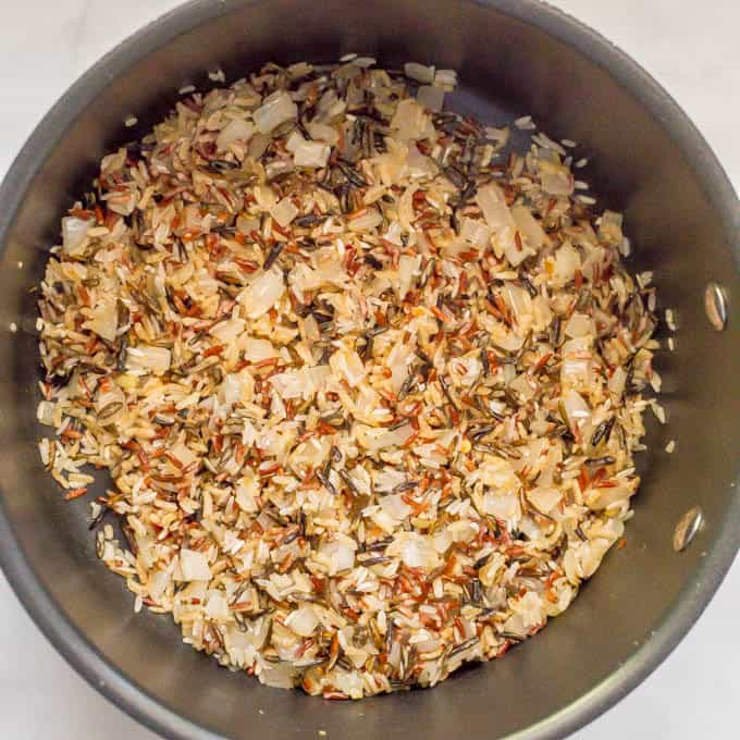 Wild rice in pan with some onions, before cooking