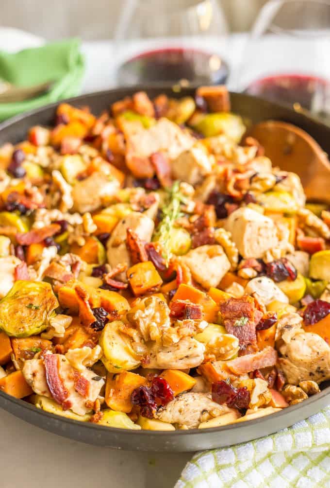 One-pot easy harvest chicken skillet with sweet potatoes and Brussels sprouts is a beautiful and delicious recipe that’s perfect for a fall dinner! #onepot #chicken #easydinner | www.familyfoodonthetable