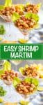 A collage of martini glasses lined with lettuce leaves and filled with a shrimp mixture as an appetizer.