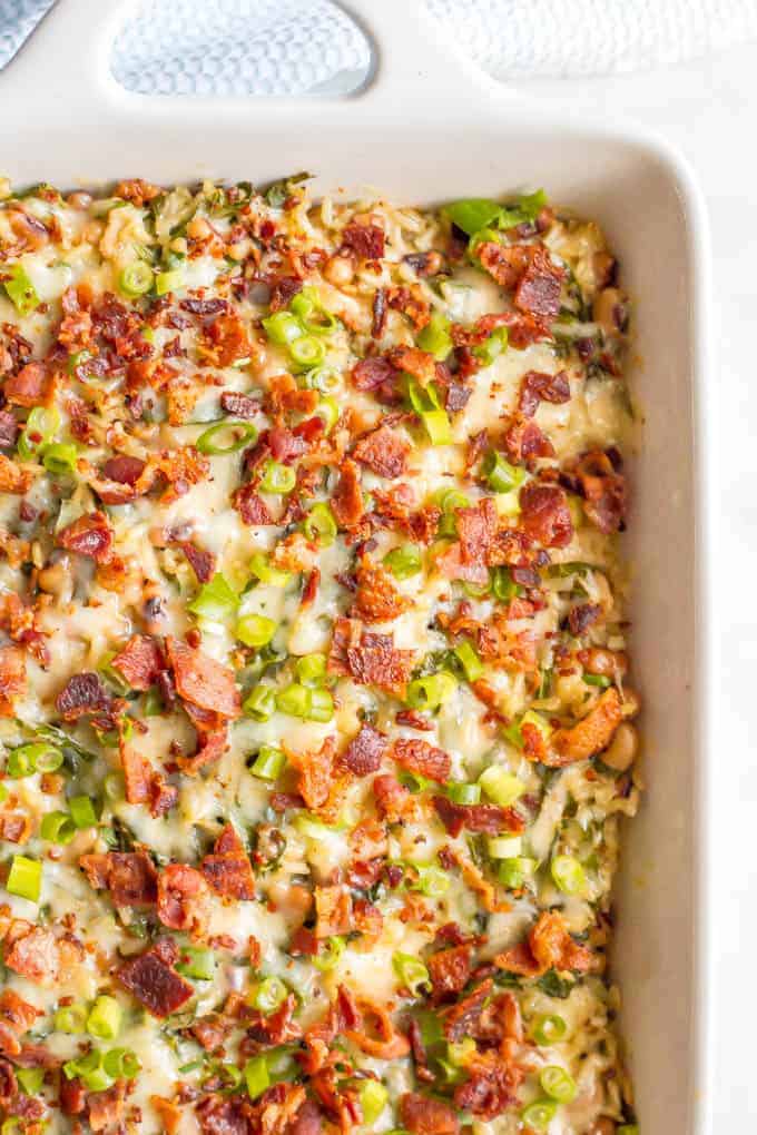 This New Year’s Day black-eyed pea casserole is perfect for welcoming in the new year with some of the traditional good-luck foods! #newyearsfood #casserole #southernfood #goodluckfoods | www.familyfoodonthetable.com