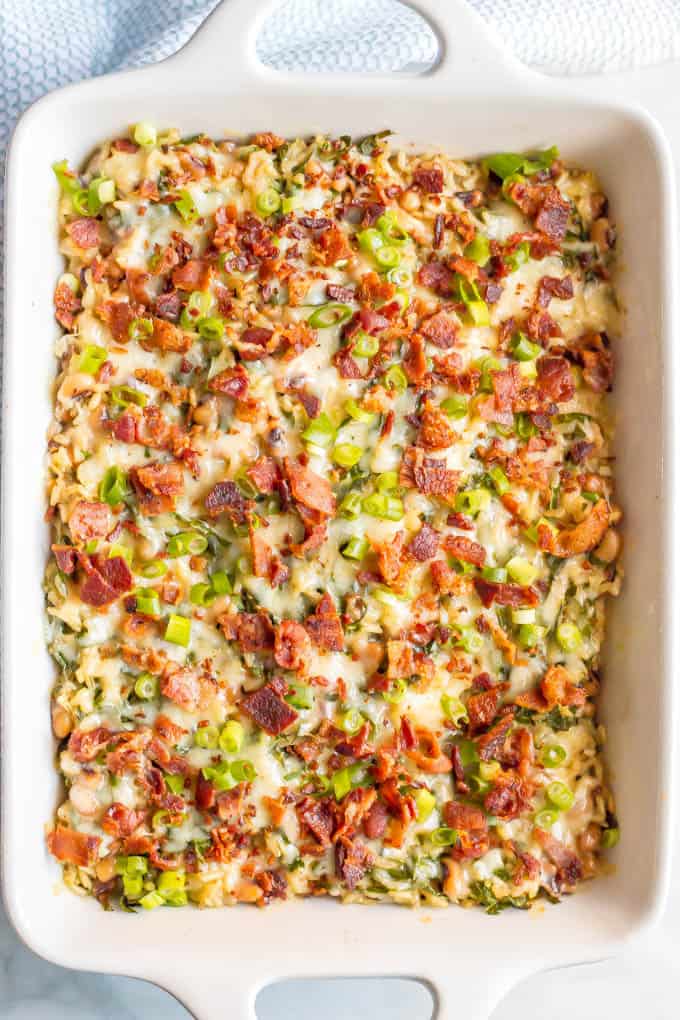 This New Year’s Day black-eyed pea casserole is perfect for welcoming in the new year with some of the traditional good-luck foods! #newyearsfood #casserole #southernfood #goodluckfoods | www.familyfoodonthetable.com