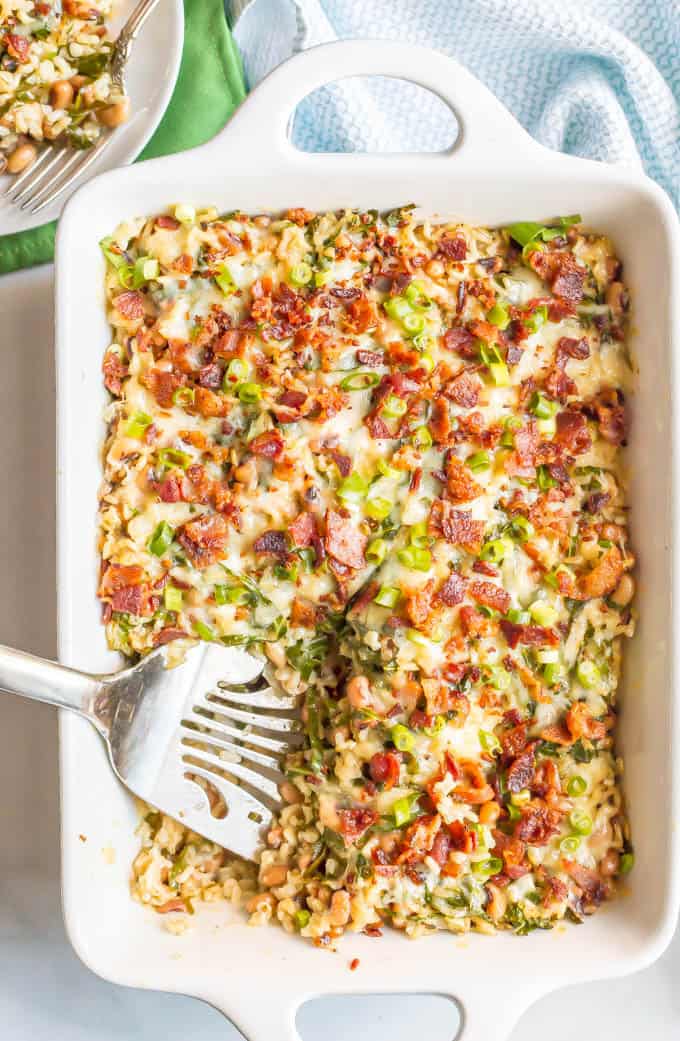 This New Year’s Day black-eyed pea casserole is perfect for welcoming in the new year with some of the traditional good-luck foods! #newyearsfood #casserole #southernfood #goodluckfoods | www.familyfoodonthetable.com