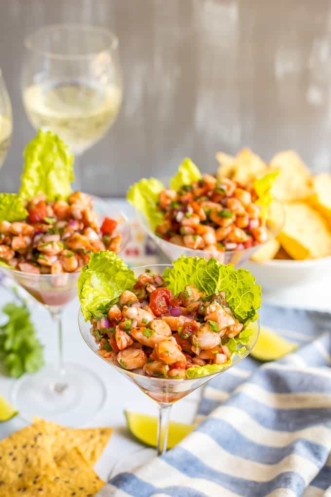 Shrimp martini appetizer is an easy shrimp salsa dip that’s perfect for a fun and fancy appetizer with friends and family! | www.familyfoodonthetable.com