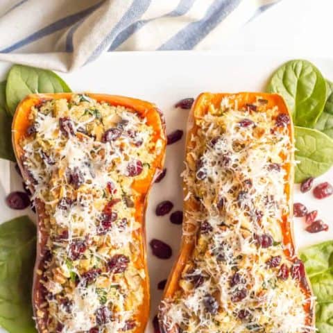 These stuffed butternut squash with quinoa, mushrooms and spinach are a gluten-free and vegetarian dish that’s hearty and filling and full of flavor!