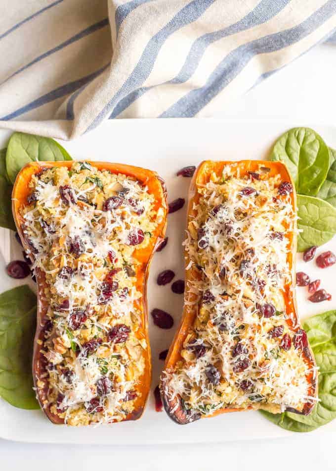 These stuffed butternut squash with quinoa, mushrooms and spinach are a gluten-free and vegetarian dish that’s hearty and filling and full of flavor!