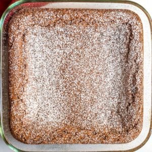 Whole wheat gingerbread bars in pan after baking with powdered sugar dusted on top