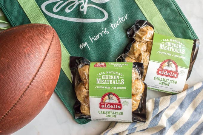 Aidells chicken meatballs with Harris Teeter bag and a football