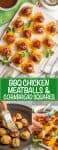 A collage of pictures of meatball topped cornbread squares served as an appetizer.