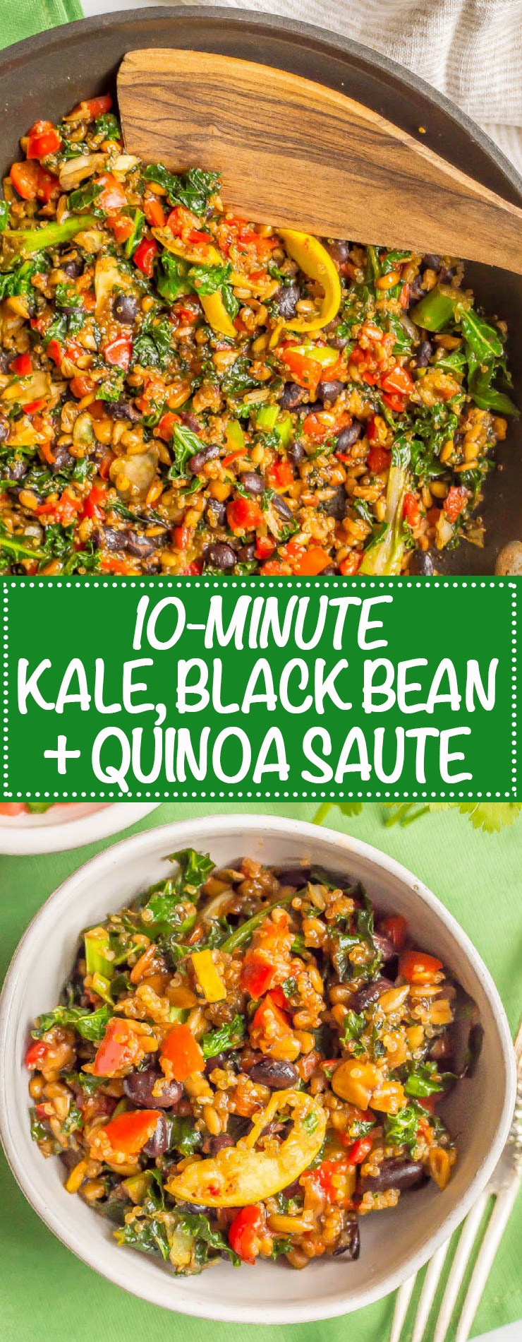 Kale black bean quinoa sauté is a meal kit in a bag that takes less than 10 minutes to cook! It’s perfect for a quick and easy vegetarian weeknight dinner or a satisfying, hearty hot lunch. | www.familyfoodonthetable.com