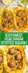 A collage of vegetarian meatballs served over a southwestern stuffed spaghetti squash with forks resting in the sides.
