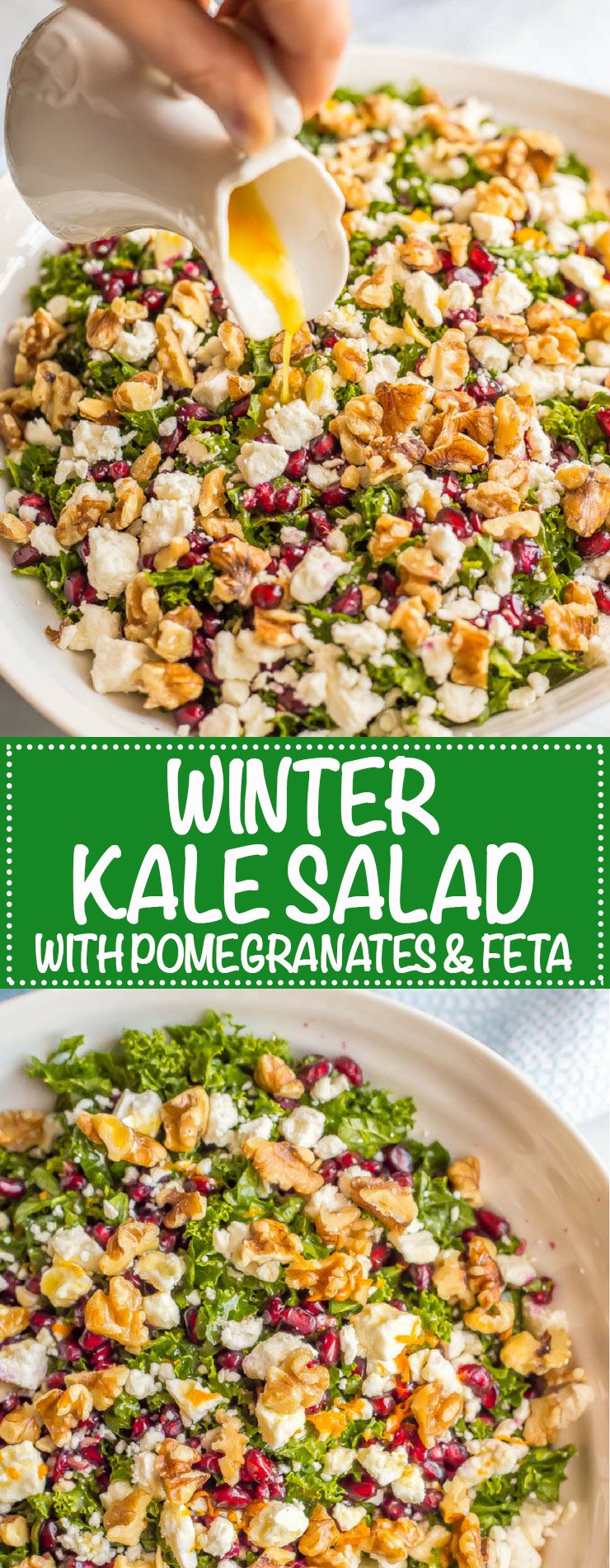 A collage of a mixed kale salad with walnuts, feta and pomegranates.