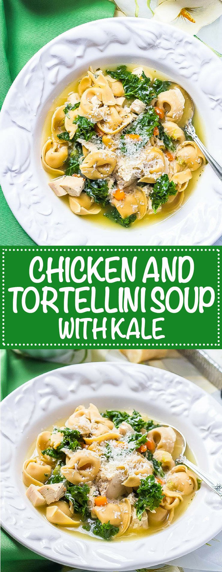 Photo collage of chicken tortellini soup with kale