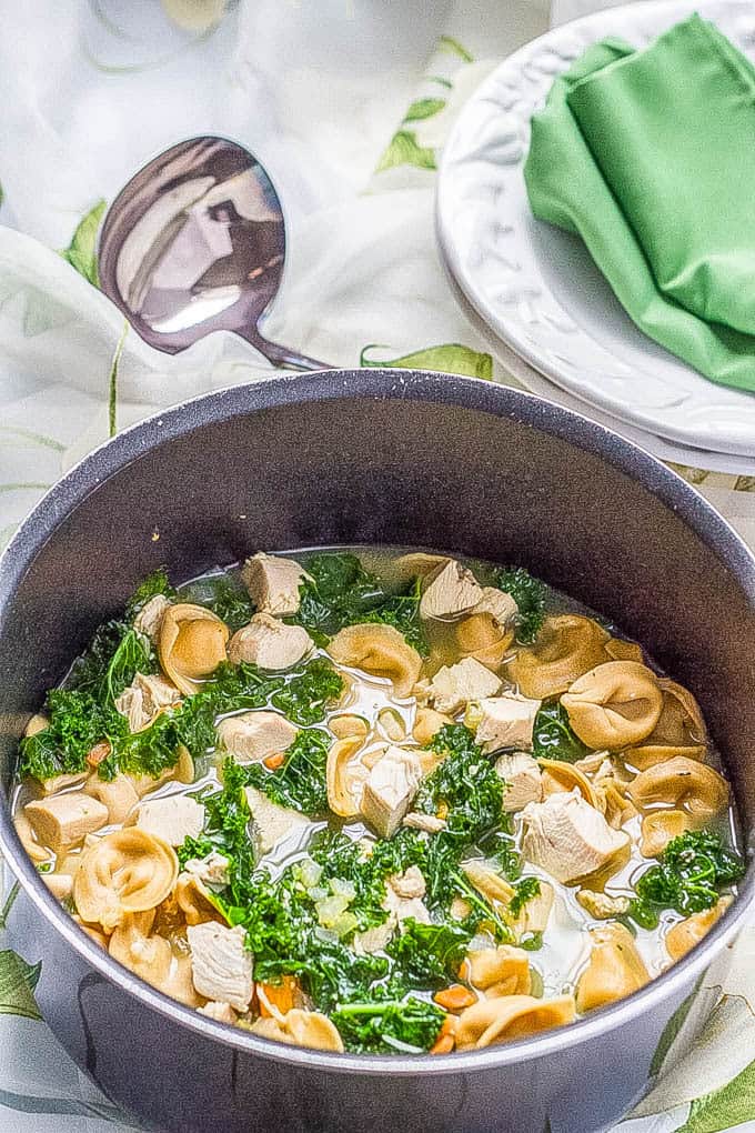 Chicken tortellini soup with kale in a large pot with a soup ladle nearby